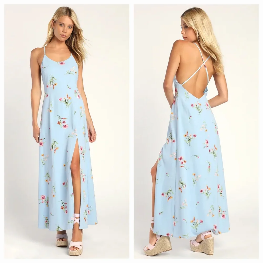 NWT Lulu's Blooming Vision Light Blue Floral Print Maxi Dress - Picture 1 of 11